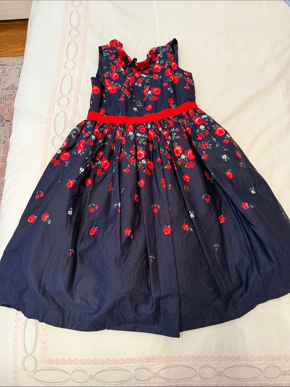 Janie and Jack Navy Dress with Red Floral Embroidery and Red Waistband
